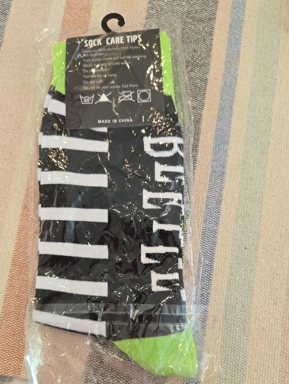 Women's Black & White Stripe Socks with Neon Green Accents